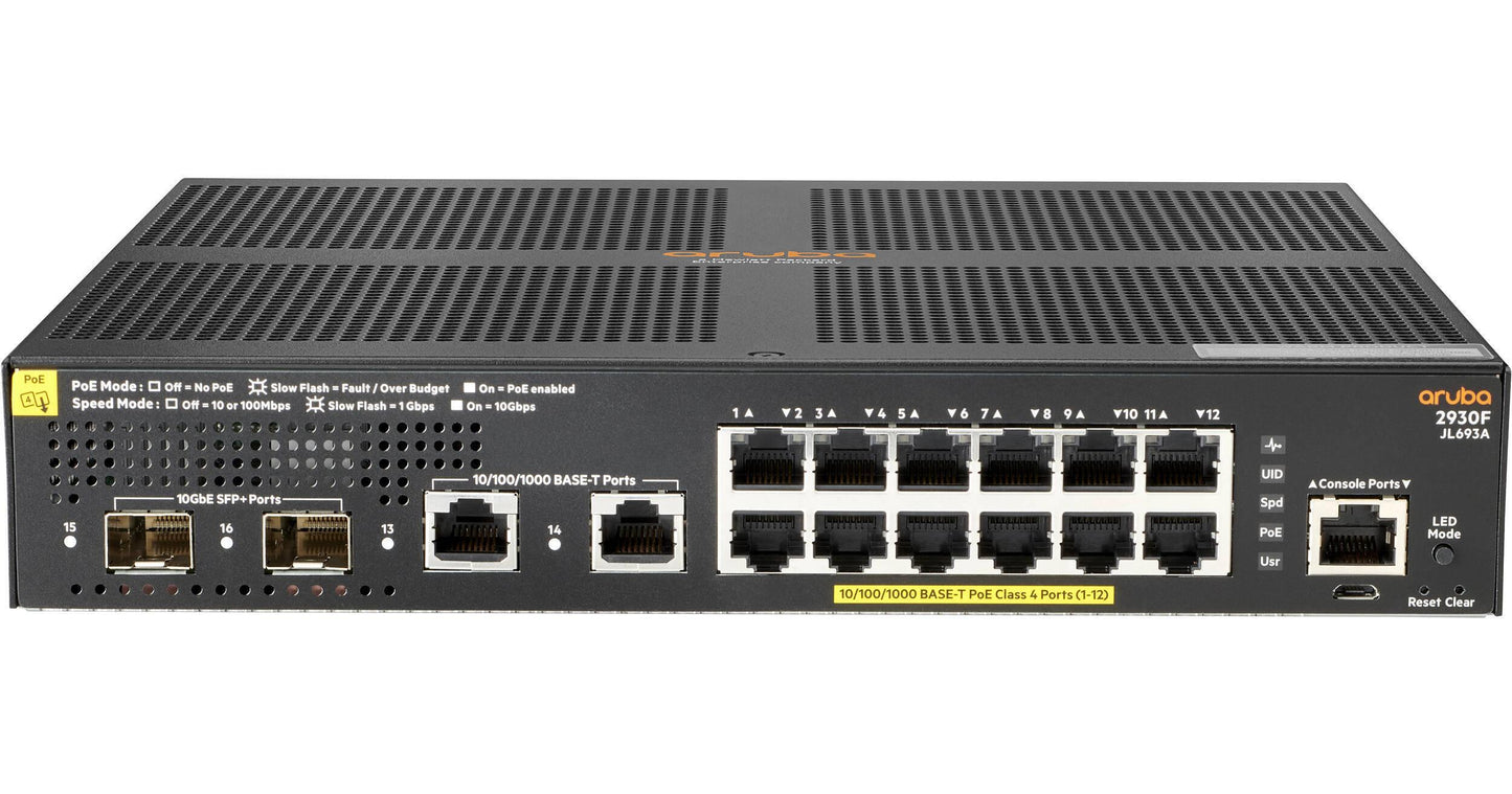 Commutateur administrable Gigabit HPE Aruba 2930F 12G PoE+ 2G 2SFP (JL693A) – 16 ports