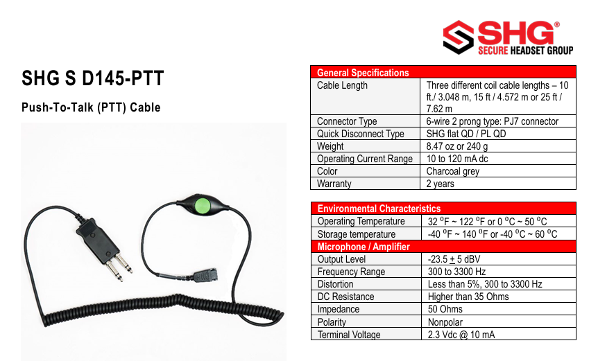 SHG S-D145-PTT-AMP Push-to-Talk Cable – Amplifier Compatible Communication Cable