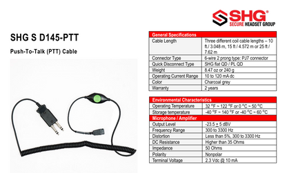SHG S-D145-PTT-AMP Push-to-Talk Cable – Amplifier Compatible Communication Cable